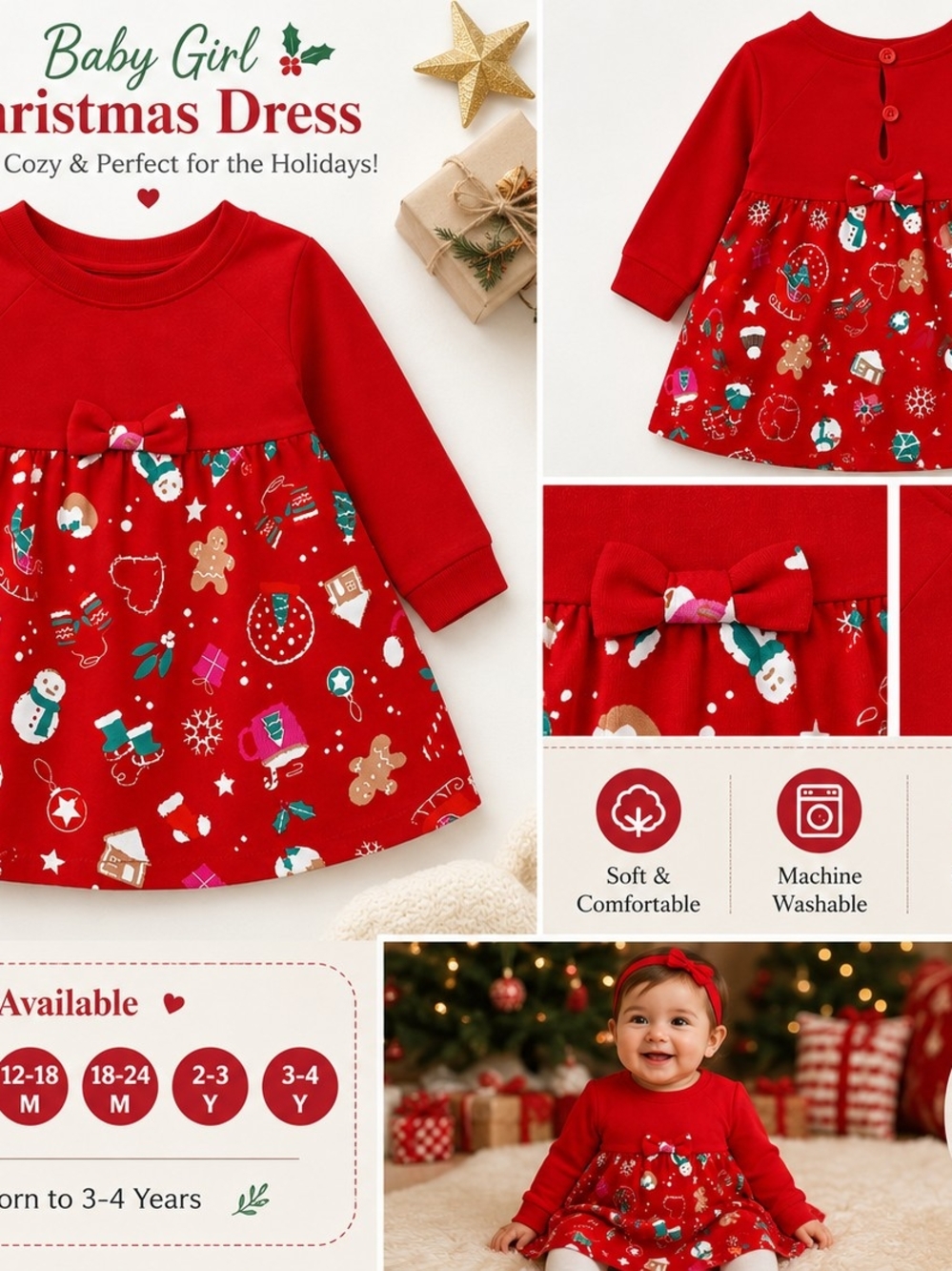 🎄 Adorable Baby & Toddler Red Christmas Dress (0–4T) | Festive Holiday Outfit